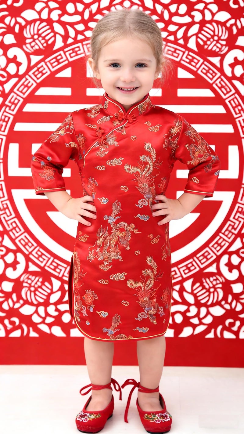 SZCQ Chinese Girls Dress Phoenix Qipao Half Sleeve Cheongsam Baby Girls Dresses Princess Birthday Party Costume (Dragon,6) - Image 2